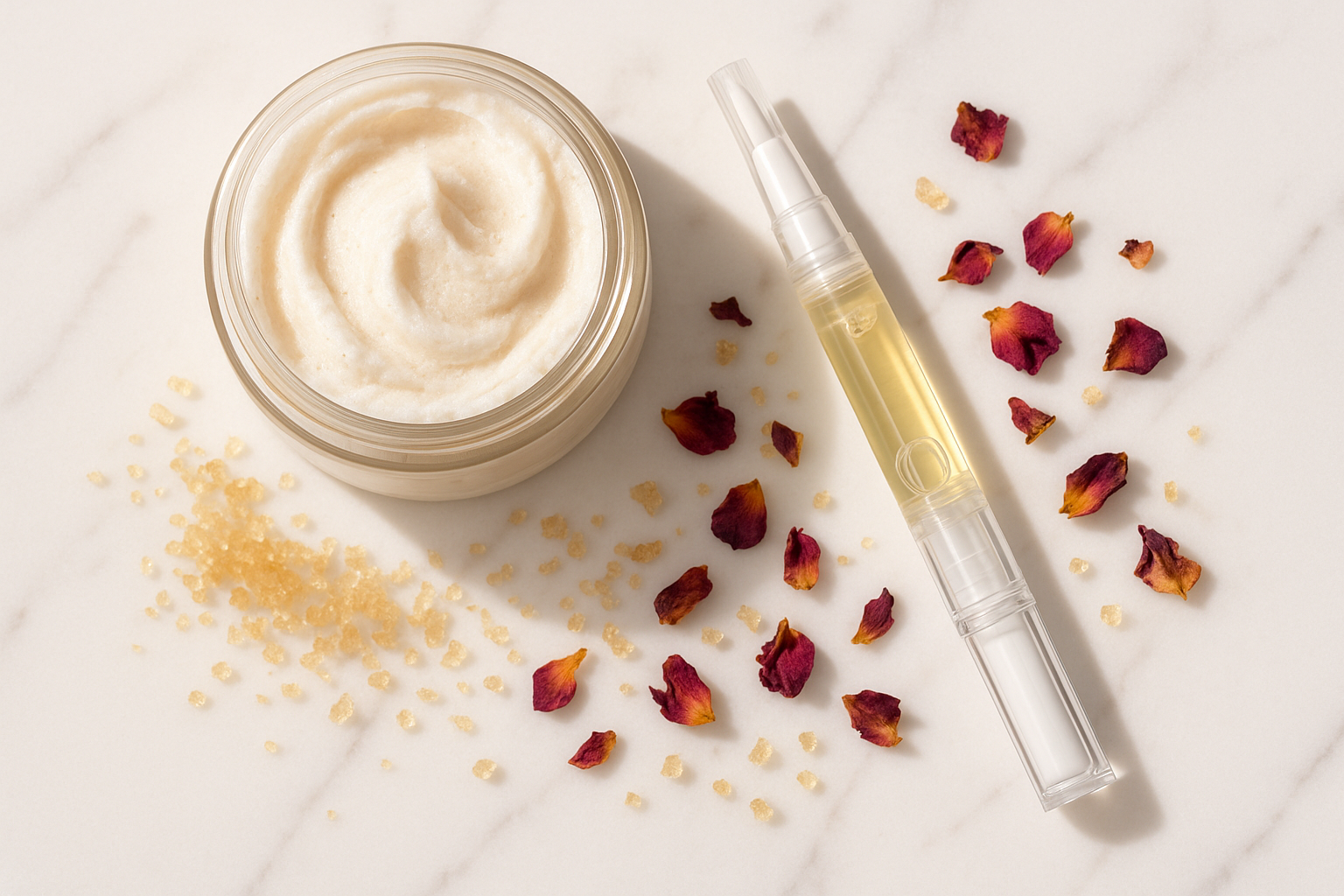 Aceite de cutícula para brindas a tus manos la hidratación y suavidad que necesitan. Exfoliantes de azúcar para eliminar las celular muertas y aportar nutrición a tu piel. 