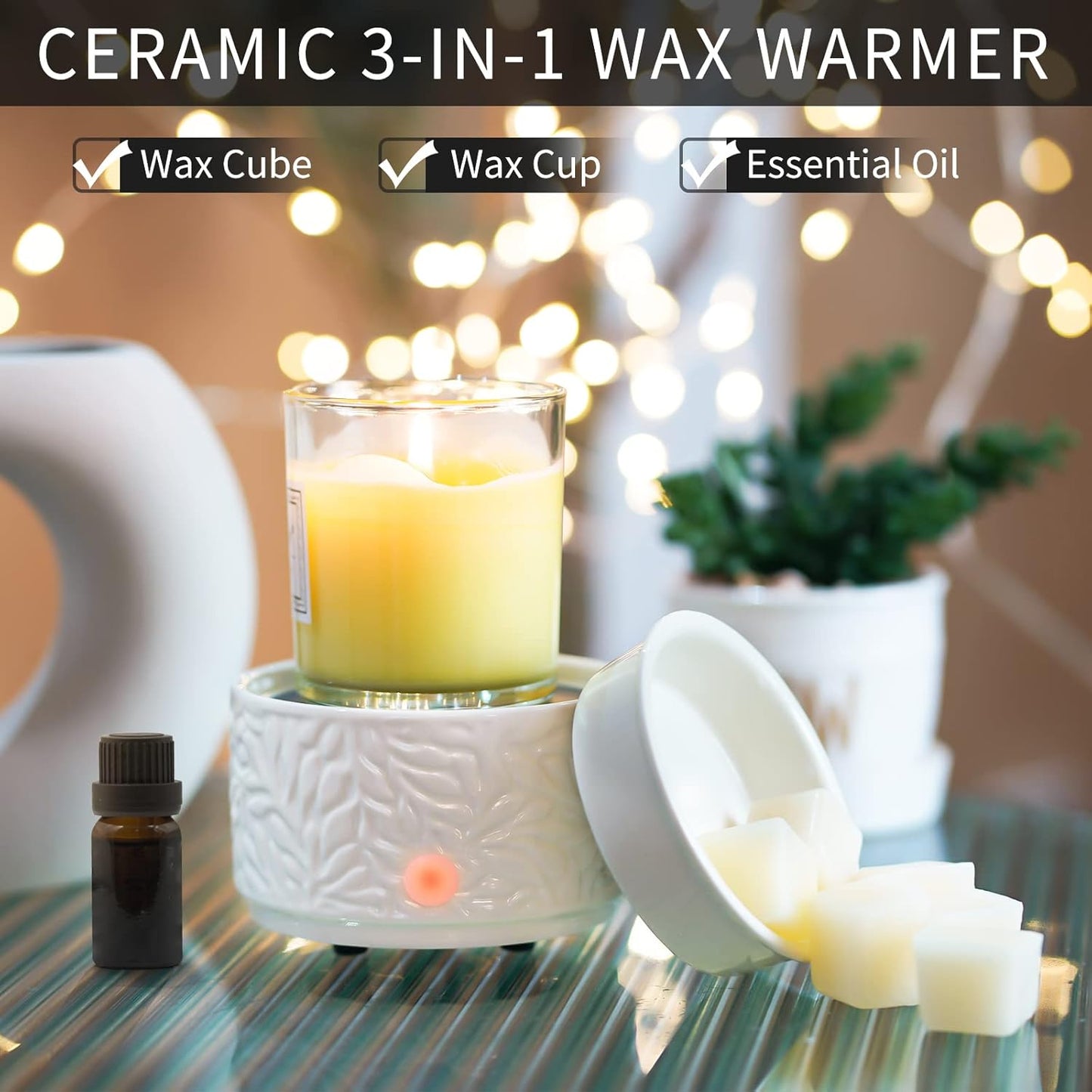 Ceramic 3-in-1 Wax Warmer | Candle & Essential Oil Electric Melter | Home Fragrance & Aromatherap